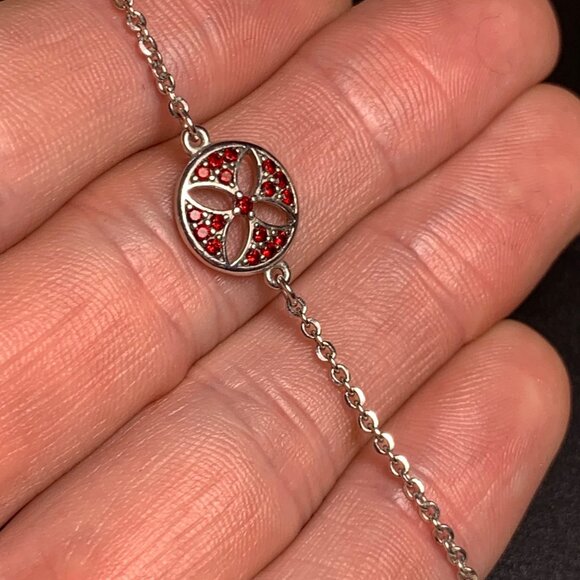 Sterling Silver 925 Red CZ Floral Design Circle Station Bracelet Adjustable 7-8" - Picture 6 of 12